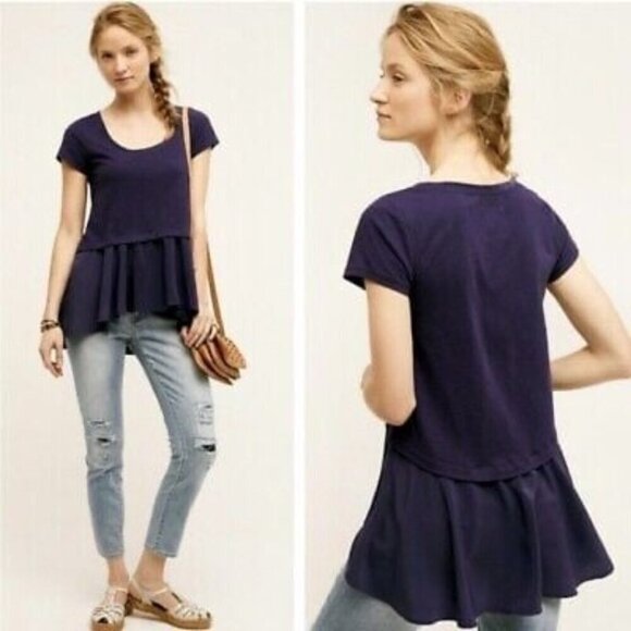 Anthropologie plum High Low Peplum contrast Short Sleeve Tee - Picture 1 of 9